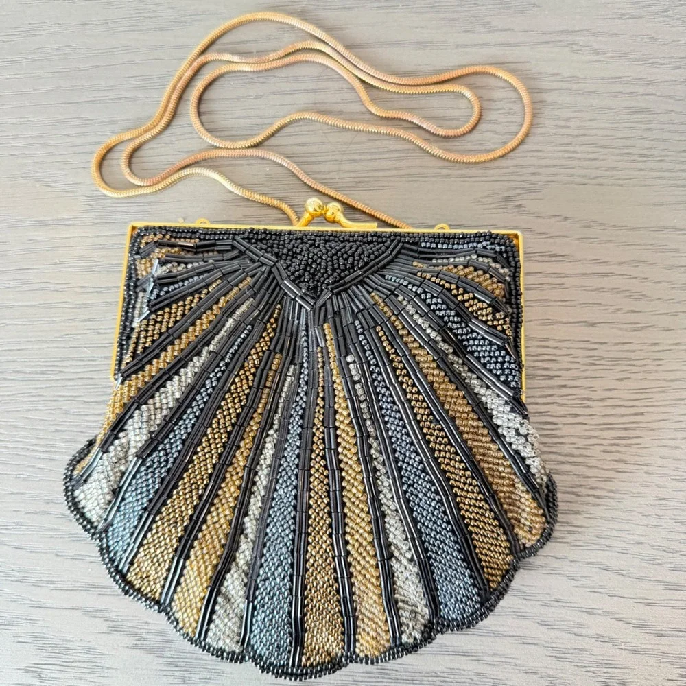 VTG Beaded Shell Clutch Bag Black Gold Silver Art Deco Crossbody‎ 20s 40s Retro